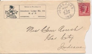 Knights of Pythias Jonesboro Lodge No. 102 Indiana 1909 cancel on cover to Gas c - Picture 1 of 2