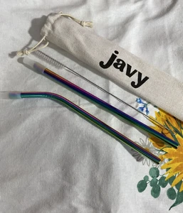Javy Stainless Steel Straw Set Premium Iridescent Silicone Tip Cleaning Brush - Picture 1 of 15