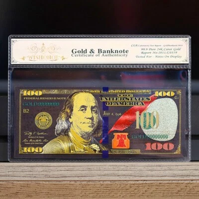 100mg 24K Black Gold 2009 $100 Dollar Bill Federal Reserve Banknote White COA - Image 1 of 2