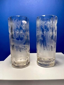 Set of 2 Rare Antique 1870's Bohemian Deer Etched Engraved Beakers - Picture 1 of 10