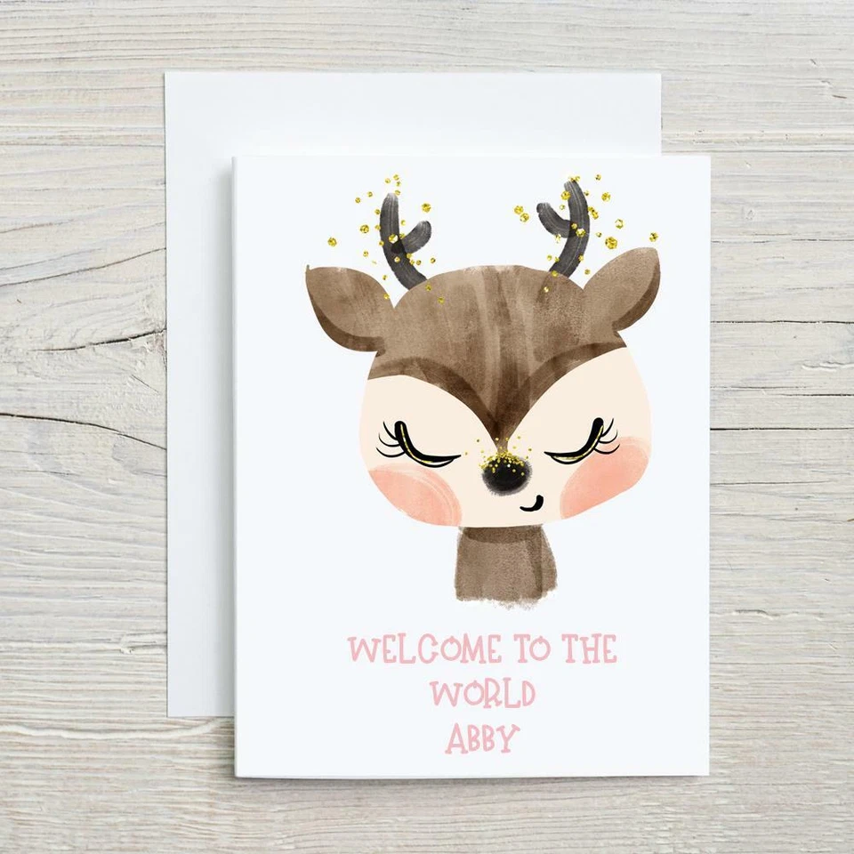 Personalised Welcome to the World New Baby Card Deer design Baby Girl WW-2 - Image 1 of 1