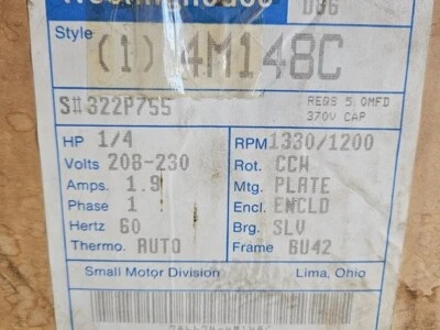 Westinghouse 4M148C Motor 1/4HP 1330/1200RPM 208-230 CCH 1PH 60hz 1.9A - Image 1 of 2