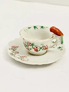 Mini taza de té y platillo miniatura vintage naranja loro pájaro mango dorado floral - Imagen 1 de 8
