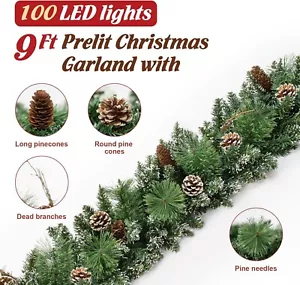 Jin&Bao 9FT Christmas Garland with Lights 100 Snowy Pine Needles Green Garland - Picture 1 of 5