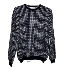 Suéter De Colección Perry Ellis Para Hombres Algodón Geométrico Cuello Redondo M Azul Marino Abuelo Preppy - Imagen 1 de 12