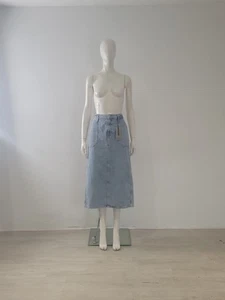 Gonna midi denim blu River Island nuova con etichette UK 10 EU 38 matita spacco leggero lavaggio £ 39 - Foto 1 di 15