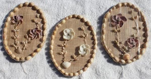 3 Vintage Sea Shell Floral Art Pictures Handmade Oval 7.5" x 5.5" Sand Beige Tan - Picture 1 of 6