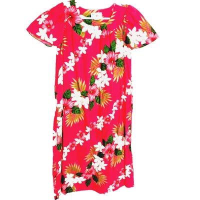 Vestido Vintage TY Hawaiano Hawaiano Hibisco Floral Midi Caftán Muumuu Rosa Medio  Foto 1 de 4