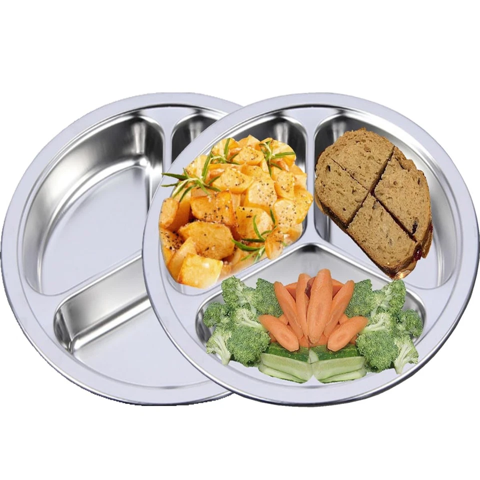 AIYoo Dinner Plates Round Divided 2 Pack 304 Stainless Steel Mess Trays 9.5 Inch