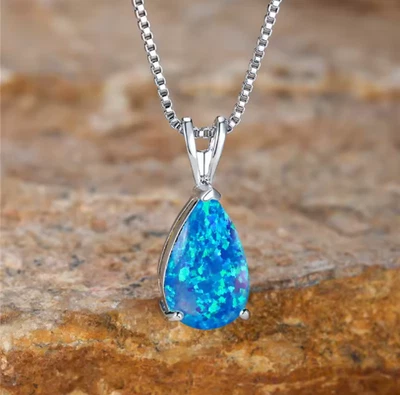 Opal Stone Pendant Minimalist Droplet Fire Opal Necklace Sterling Silver Woman - Image 1 of 4