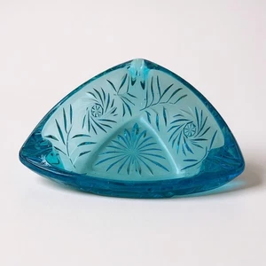 Vintage Blue Glass Triangle Ashtray Etched Floral Design Home Decor - Picture 1 of 3