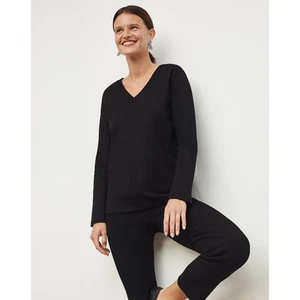 M.M. LAFLEUR Womens Asher Pima Cotton T-Shirt Small Black V Neck Long Sleeve NWT - Picture 1 of 13