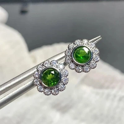 Natural Diopside Stud Earrings Women 925 Sterling Silver Fine Jewelry Earrings - Image 1 of 4