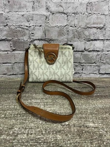 Michael Kors Damen kleine Umhängetasche Handtasche weiß/hellbraun MK Logo 6”x7” - Bild 1 von 7