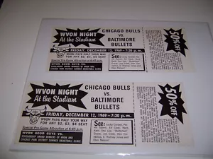 VOLANTES DE BALONCESTO 12 DE DICIEMBRE 1969 - CHICAGO BULLS VS THE BALTIMORE BALLETS - Imagen 1 de 2