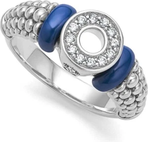 LAGOS Blue Caviar Marine Ceramic and Small Diamond Circle Ring S.Silver sz 7 - Picture 1 of 11