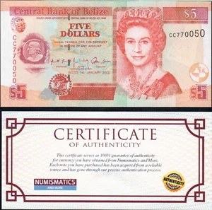 Belize 5 Dollars (ND 2002) P61b Prefix CC Q.E. Banknote - UNC - Picture 1 of 2
