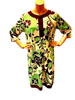 VINTAGE 70's Women MINI DRESS Green&Brown Psychedelic Print 42 Inch Bust - Image 1 of 3