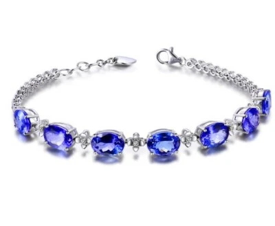 8" White Gold Plated Brass Blue Sapphire & Diamond Accent Tennis Bracelet G16 - Image 1 of 4
