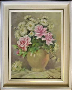 :ÖLGEMÄLDE UNDEUTL.SIGN. STILLLEBEN BLUMENSTRAUß IN VASE ROSA ROSEN GELBE BLUME - Bild 1 von 6