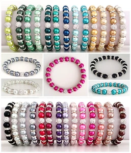 Glass Pearl & Diamante Bracelet with Sparkly Shamballa Rhinestone - 27 Colours - Picture 1 of 88