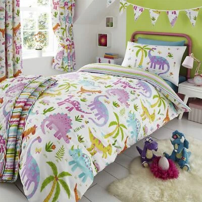 HLC Girls Dinosaur Park Jurassic White Reversible Duvet Cover Curtains Throw - Image 1 of 4