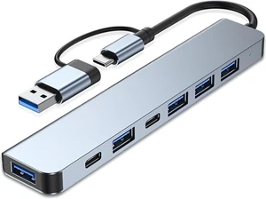 Hub USB C 7 in 1 in alluminio con porte USB 3.0, USB 2.0 per Macbook Pro Air e Mo - Foto 1 di 12