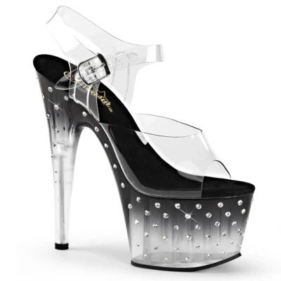 STARDUST-708T Pleaser High-Heels Plateausandaletten Tönung klar schwarz Strass