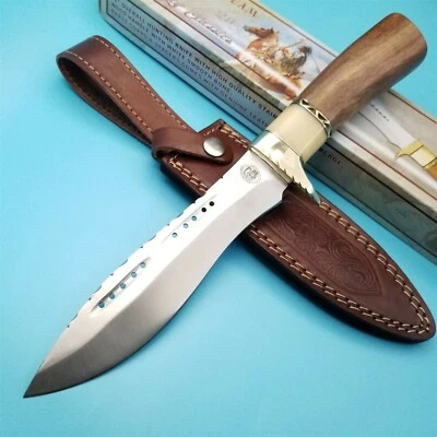 Faca de lâmina fixa Chipaway osso branco cabo de madeira bainha de couro 12,75" x 7,125" - Imagem 1 de 4