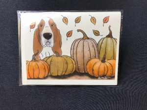 Basset Hound Fall Pumpkin Patch Greeting Card Handmade Autumn Dog Notecard - Picture 1 of 12