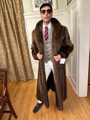 NEW! 50" Long Mens Canadian Beaver Real Fur Coat Size 40R Medium Jacket Coat USA - Image 1 of 4