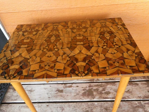 MCM Side Table wood Taper legs patchwork Mid Century Retro Coffee Table Kitsch Cover