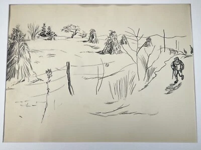 "Artista WPA de colección boceto a lápiz persona caminando junto al campo de maíz cosechado 16x20""" Foto 1 de 4