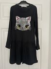 Girls Black H&M Dress With Brush Sequin Cat Age 8-10y