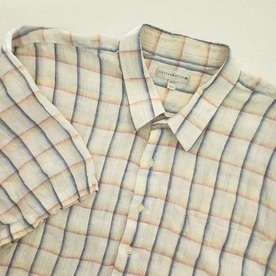 Cutter & Buck cream yellow blue plaid short sleeve 100% linen shirt size 4XB - Image 1 of 4