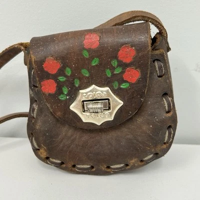 Vintage Leather Purse 4” Red Roses Mexico Child Small Twist Closure READ - Image 1 of 4