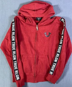 True Religion RLGN Hoodie mit durchgehendem Reißverschluss für Herren klein rot seitliches Taping Spruchlogo EUC! - Bild 1 von 11
