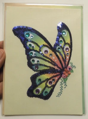 1 Papyrus Card All Occasion Blank Inside Butterfly Gems and Sequins & Flowers