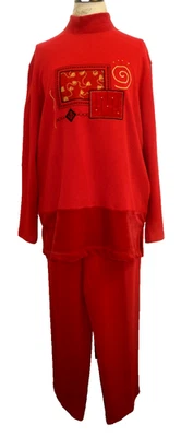 VINTAGE DEEP RED w/EMBROIDERY & BEADS WOMEN'S BOBBIE BROOKS 2 PIECE PANT SUIT XL - Image 1 of 4