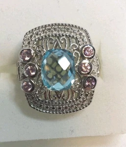 Sky Blue Topaz Lab Created Sapphire Ring Size 9 Platinum Overlay Brass Treated - Picture 1 of 10