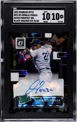 2022 Donruss Optic Oswald Peraza BLACK CRACKED ICE /30 SGC 10 w/10 AUTO - Image 1 of 2