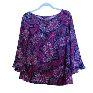 Top Talbots donna blusa media multicolore paisley boho campana maniche svolazzanti - Foto 1 di 7