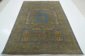6 x 9 ft Gray Green Mamluk Afghan Hand Knotted Wool Medallion Area Rug - Picture 1 of 19