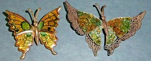 Lot of 2 Small Butterfly Pins Glittery Gold & Green Acrylic Base Metal - Picture 1 of 5