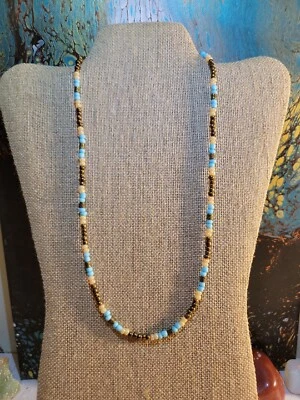 Collar de cuentas boho azul claro, crema, bronce cuentas de vidrio hippie 22 pulgadas  Foto 1 de 4