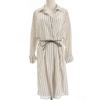 Vestido Iris Setlakwe Nuevo con Etiquetas Popelina a Rayas Abotonada Talla 12 EE. UU. en Beige Arena/Blanco Foto 1 de 4