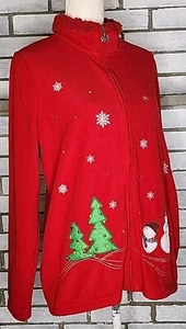 ☆ Jason Maxwell Women's Full Zip Up Fleece Jacket Sz Large Red Christmas Winter - Picture 1 of 11