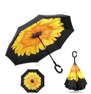 Paraguas Reversible con Mango en C Amarillo Girasol Impermeable Recubierto Capa Interior Foto 1 de 4