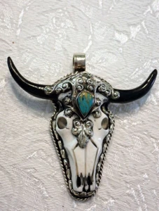Large Longhorn Skull Pendant in Tibetan Silver with Turquoise . - Picture 1 of 5