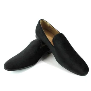 Black Velvet Slip On Mens Dress Shoes Loafers Plain Formal Tuxedo Wedding AZAR - Picture 1 of 5